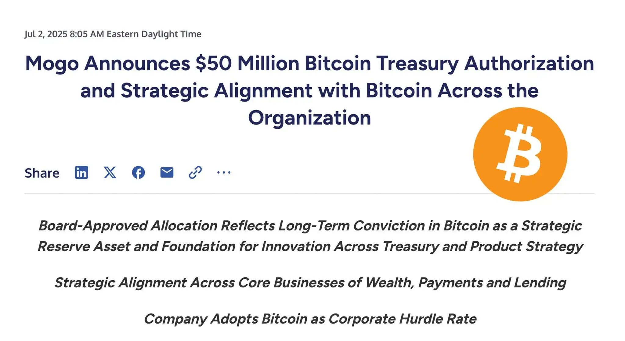 加拿大金融科技公司Mogo授权5000万美元比特币配置