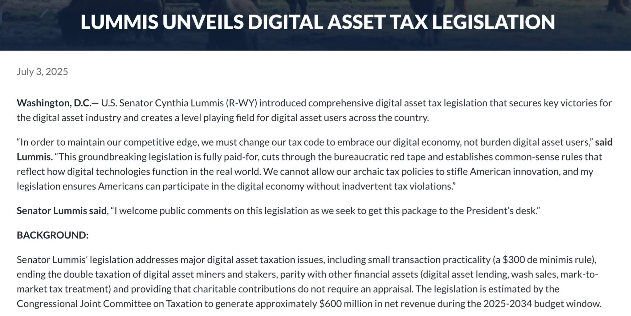 美国参议员Lummis推数字资产税改法案 设300美元小额免税额