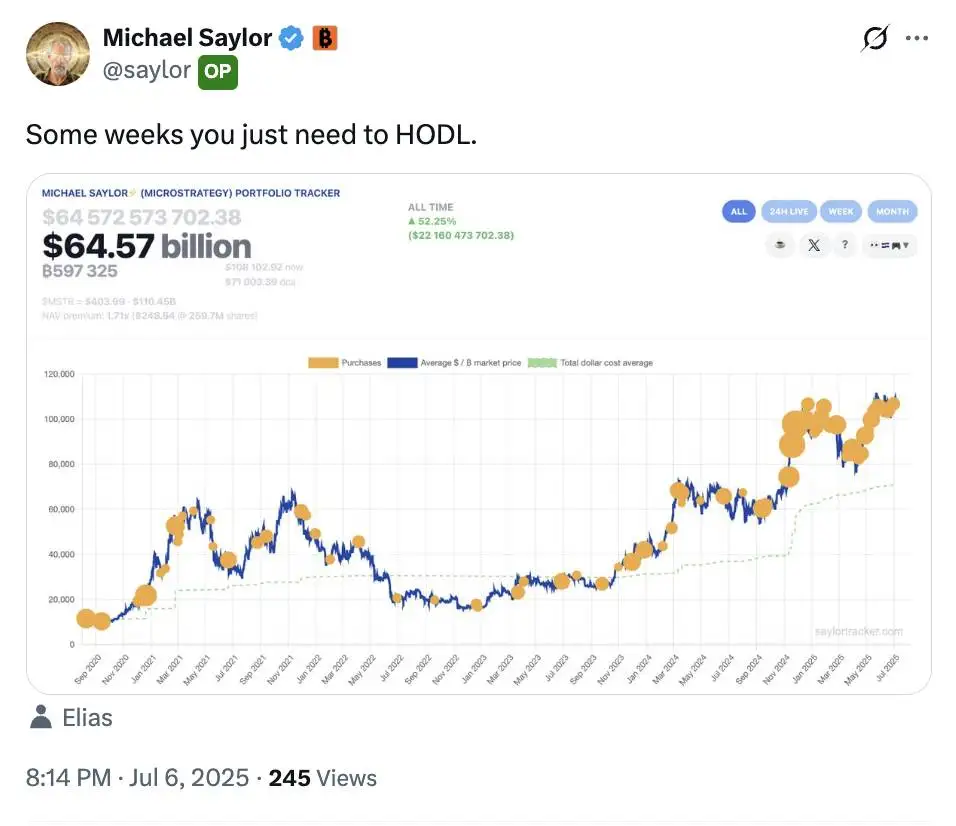 Michael Saylor X平台再发比特币HODL推文
