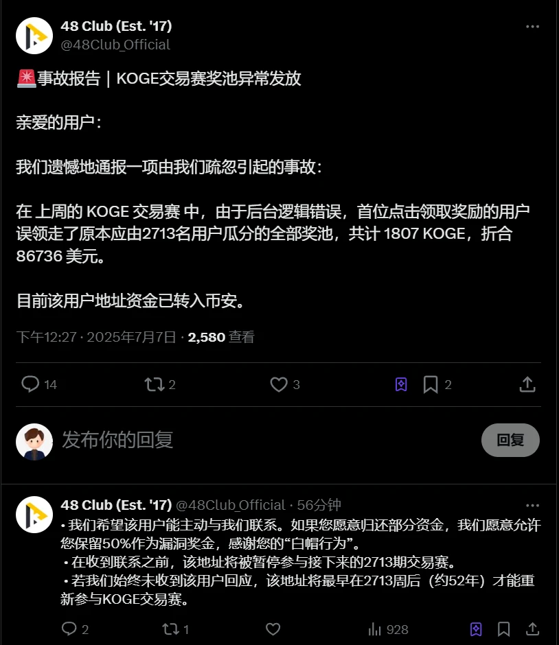 48 Club：后台逻辑错误致用户误领全部奖池约86736美元