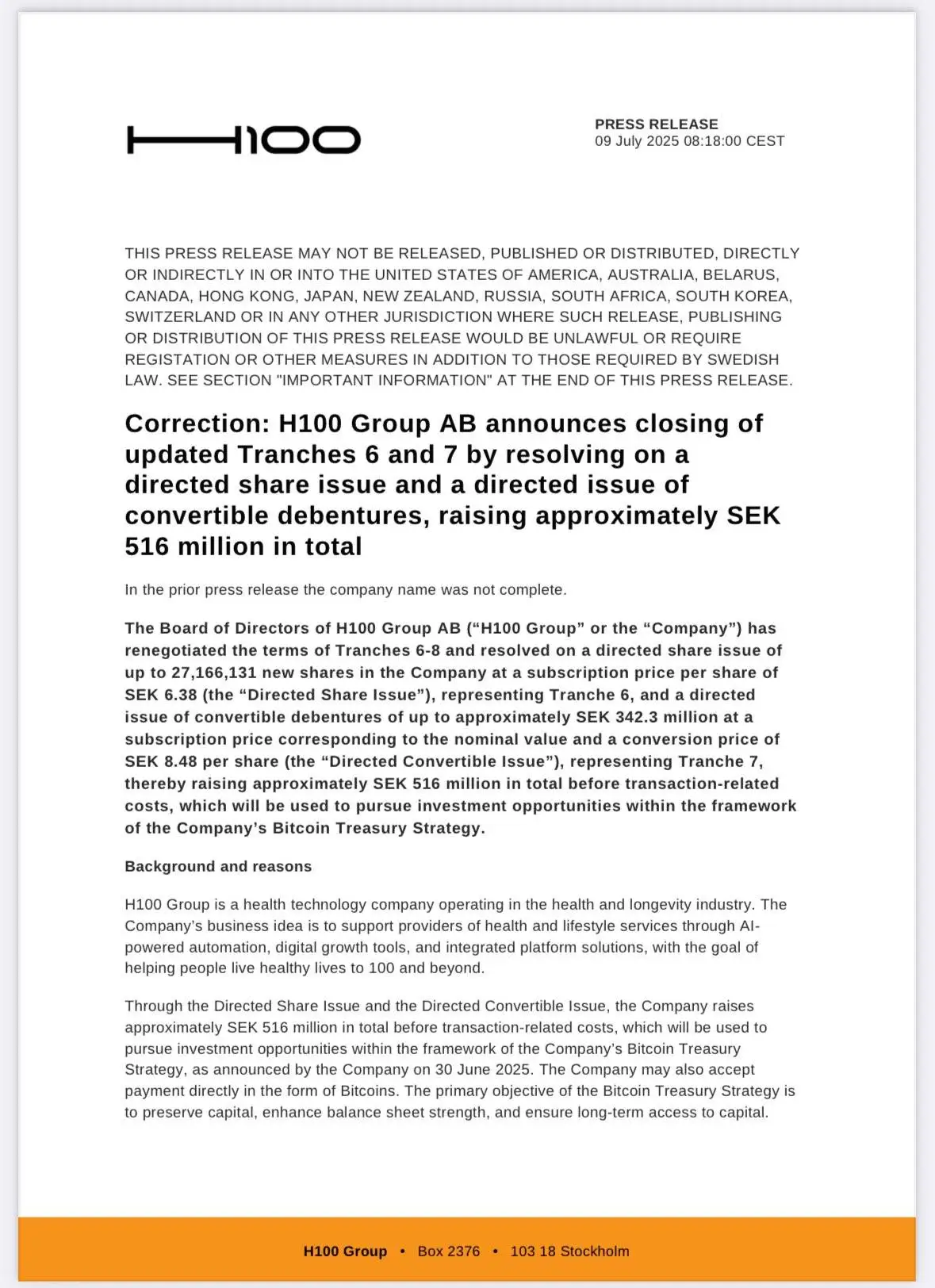 瑞典上市公司 H100 Group 完成 5400 万美元融资 专项布局比特币储备