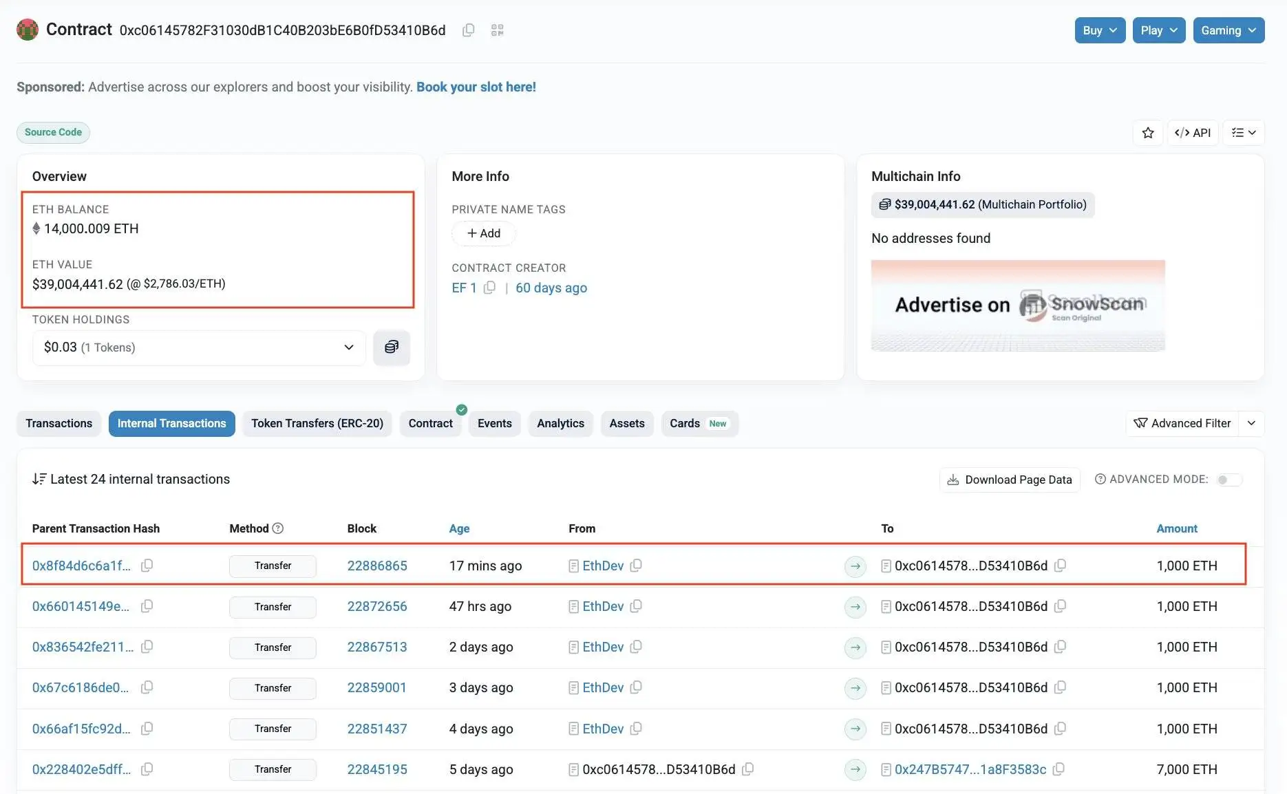 以太坊基金会完成1000枚ETH内部划转 关联地址新增255万美元资产