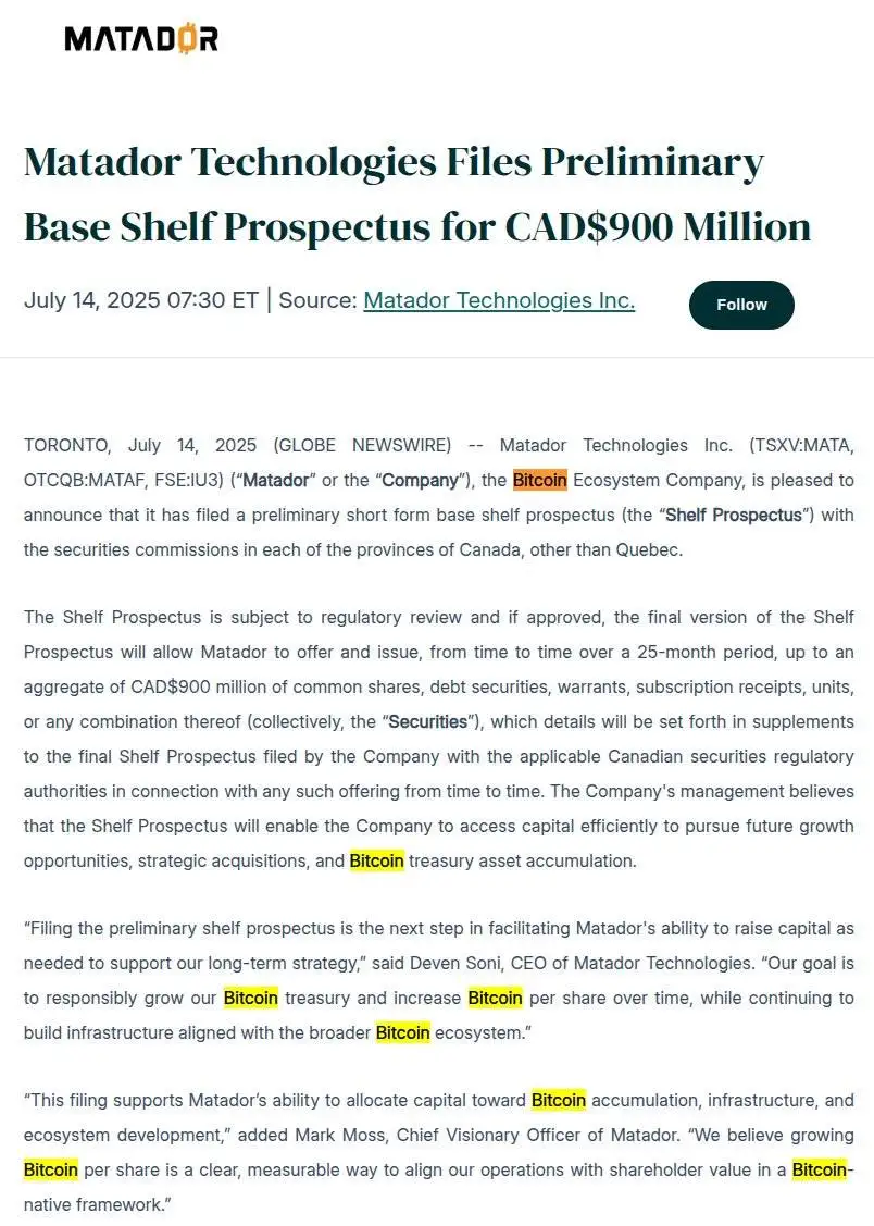 加拿大上市公司Matador拟25个月融资9亿加元 支持比特币储备及基建