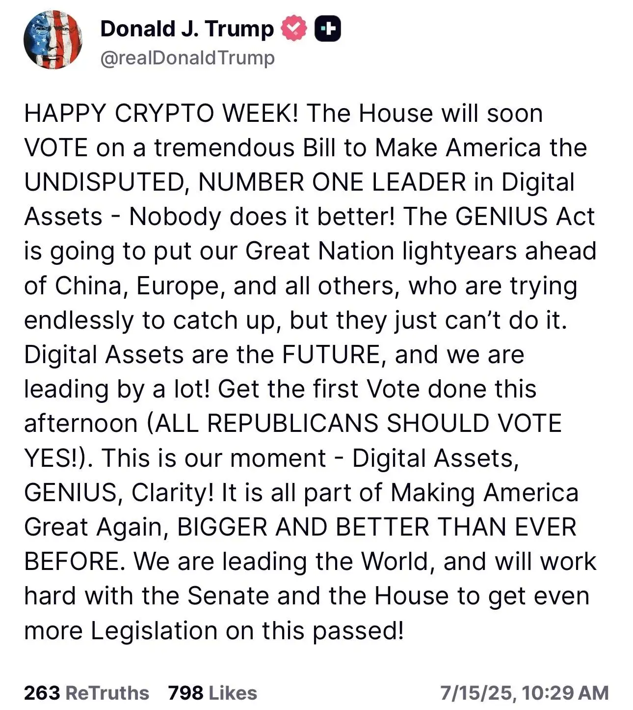 特朗普呼吁支持GENIUS Act：推动美国数字资产全球领导者