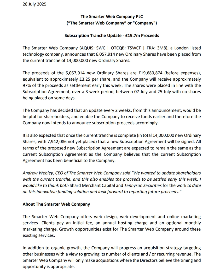 The Smarter Web Company完成605.79万股配售 采用比特币财库策略