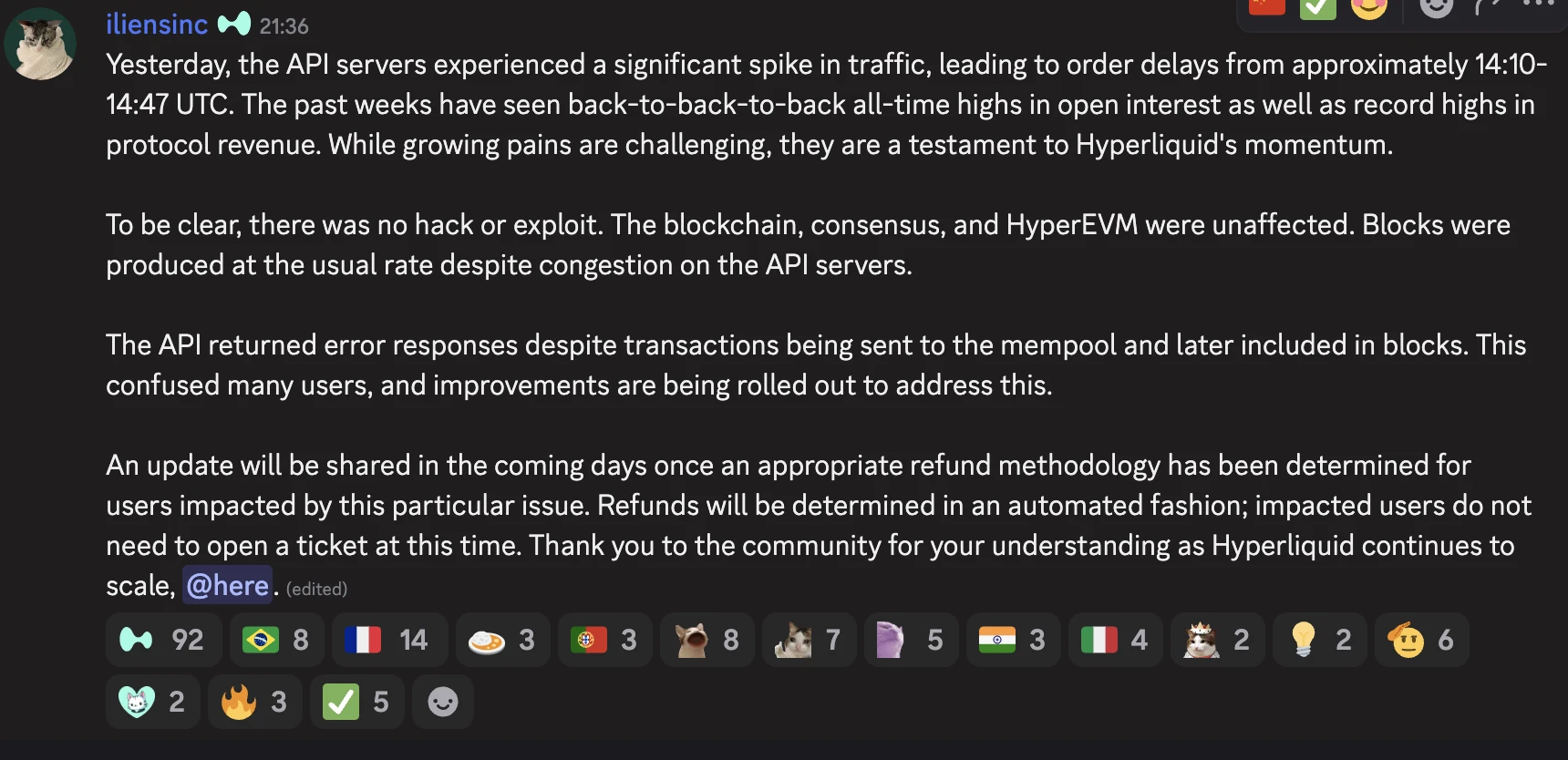 Hyperliquid API服务器异常流量事件及补偿方案披露