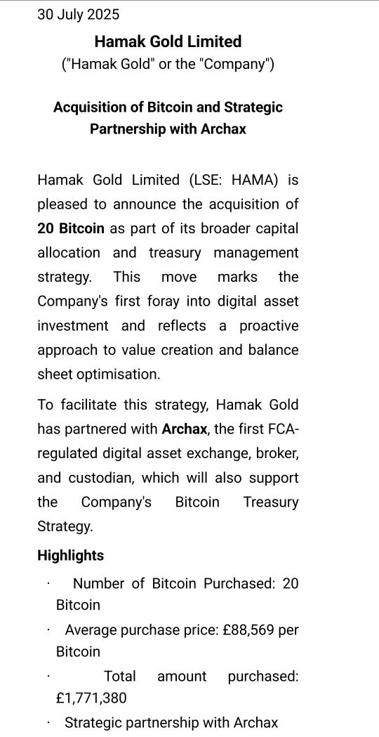 英国黄金矿业公司Hamak Gold Limited完成首笔20枚BTC购入