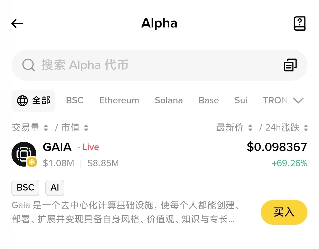 Binance Alpha正式上线GAIA代币 交易对同步开放