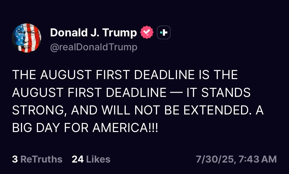特朗普确认关税最后期限不变，维持8月1日安排