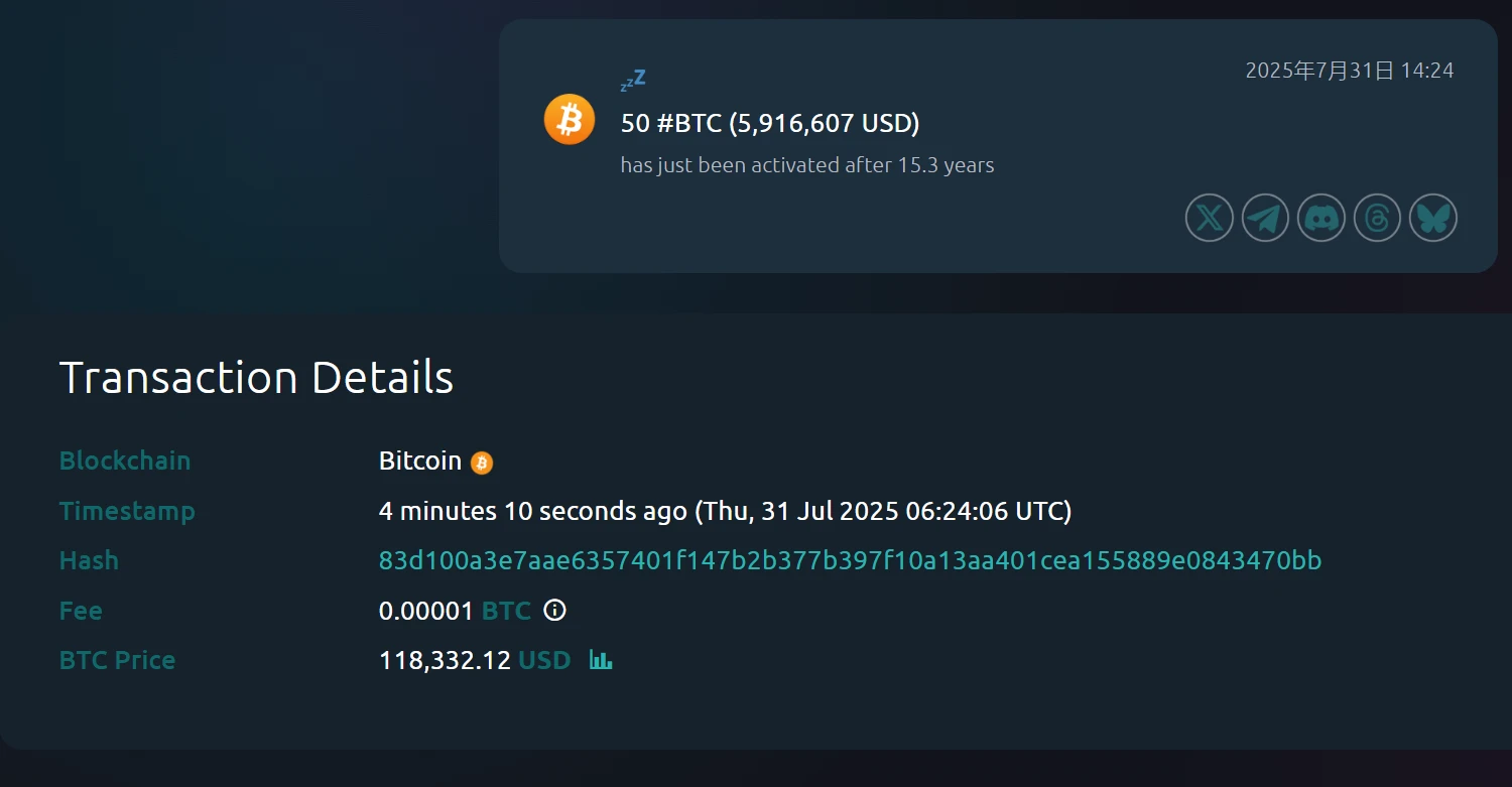 沉睡15.3年比特币钱包地址被激活，持有50枚BTC