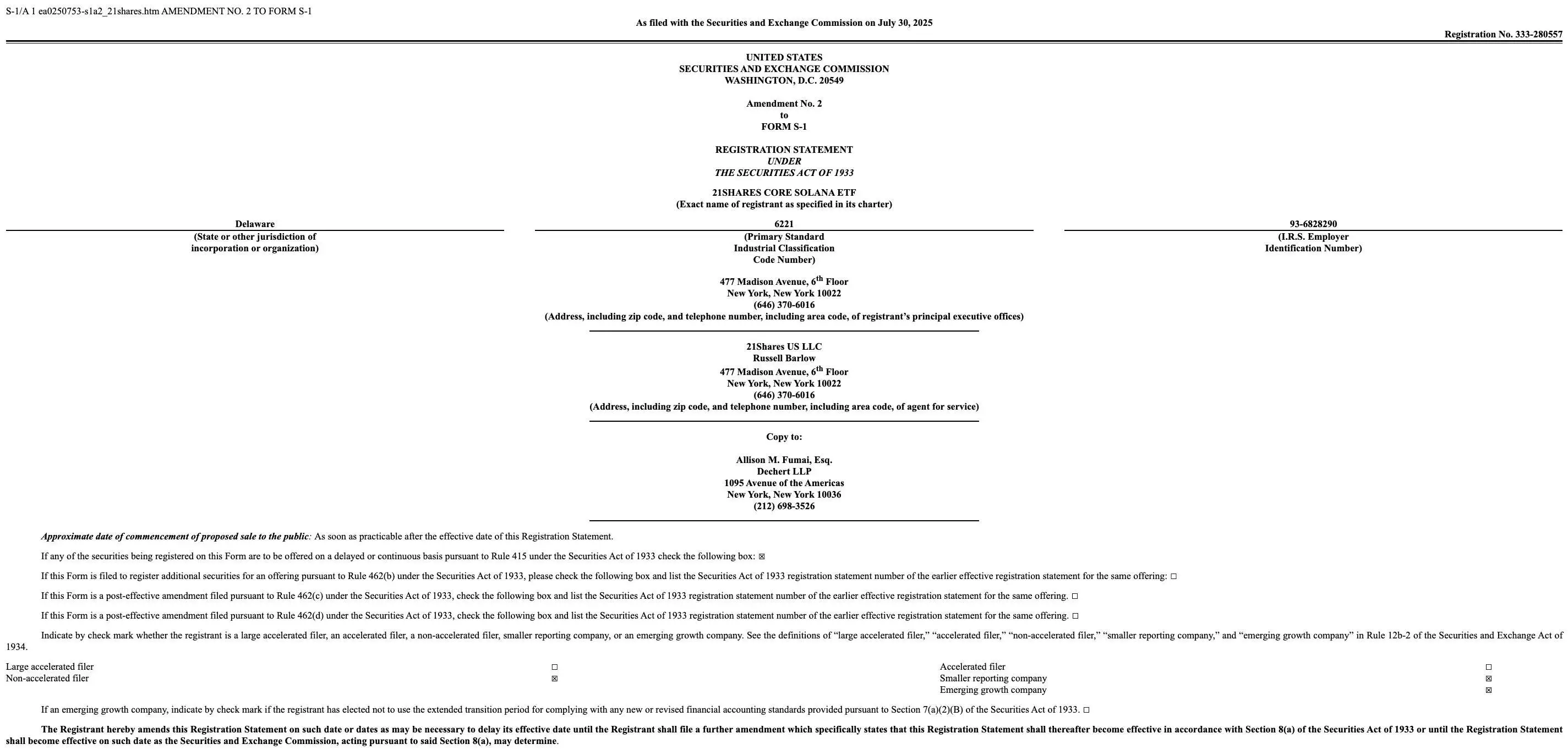 21Shares向美SEC提交Solana ETF修订文件