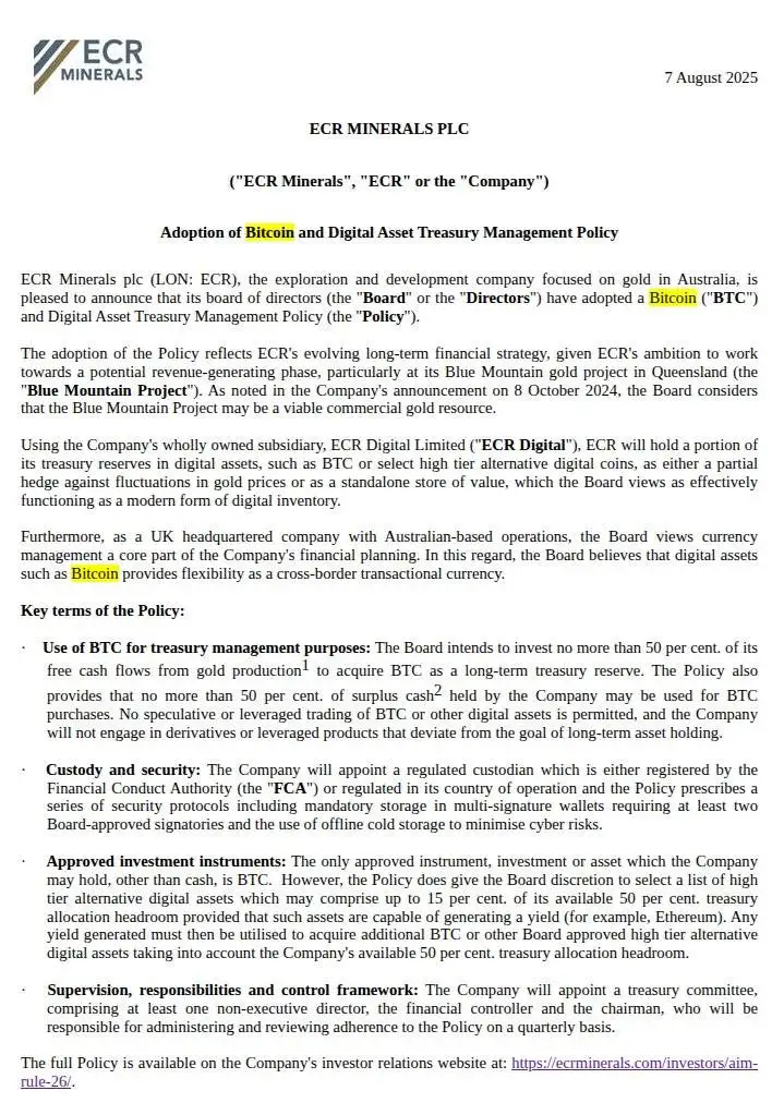 英国上市公司ECR Minerals批准数字资产投资政策，计划配置至多50%盈余现金于比特币及以太坊等资产
