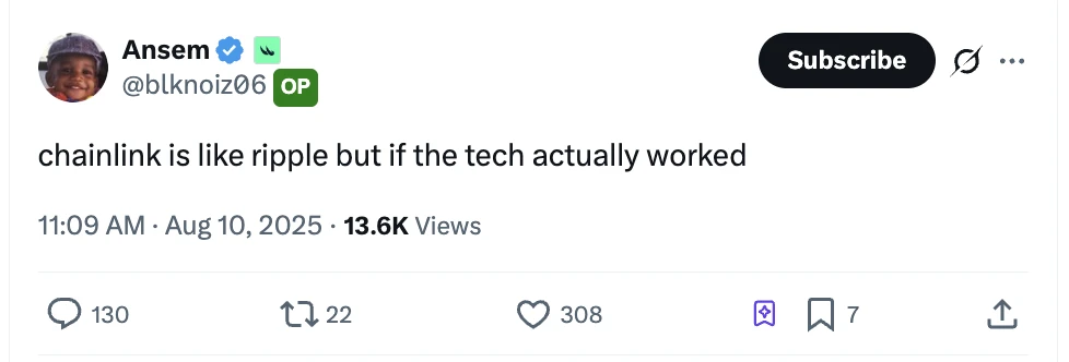 交易员Ansem对比Chainlink与Ripple：技术应用能力获认可