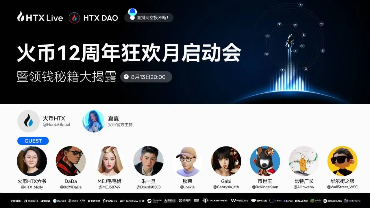 火币HTX联合HTX DAO将于8月13日举办12周年庆典直播，公布空投计划及特权信息