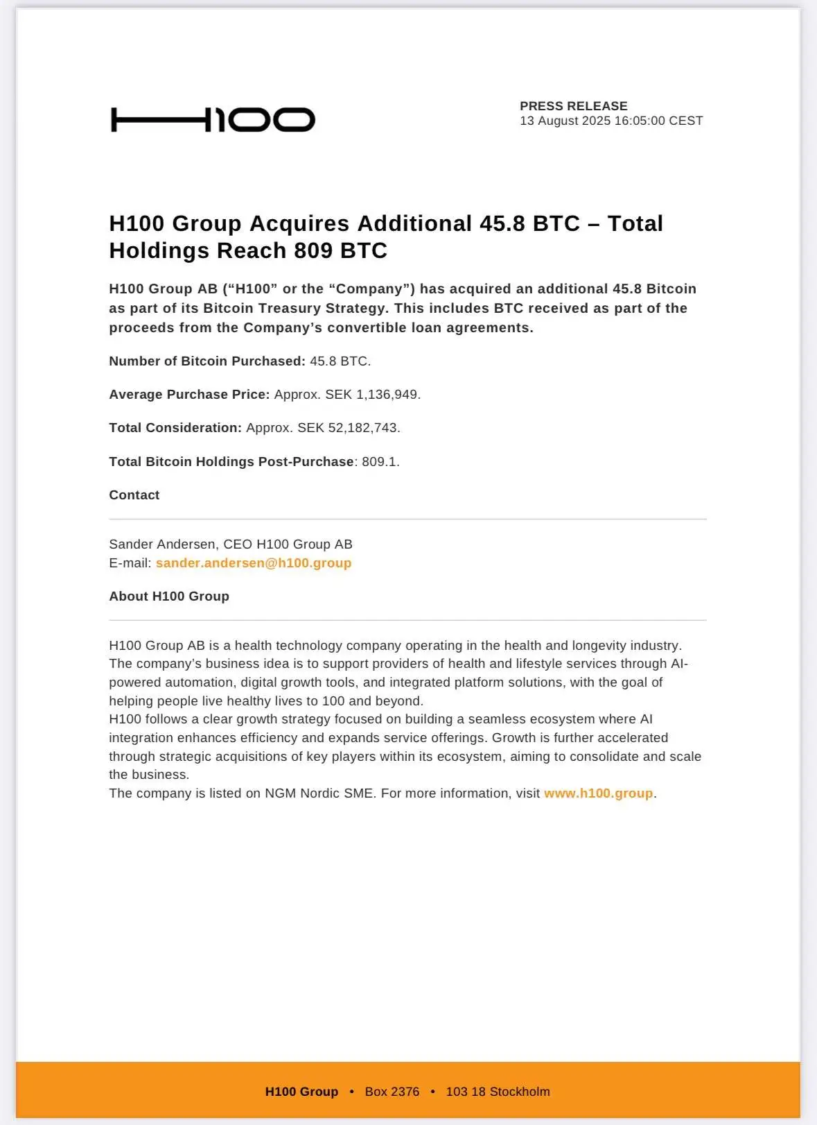 瑞典上市公司H100 Group新增购入45.8枚比特币，持有总量达809枚