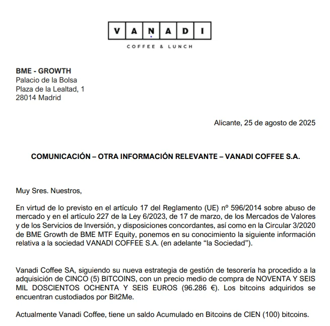 西班牙咖啡连锁品牌Vanadi Coffee增持5枚比特币 持有量达100枚