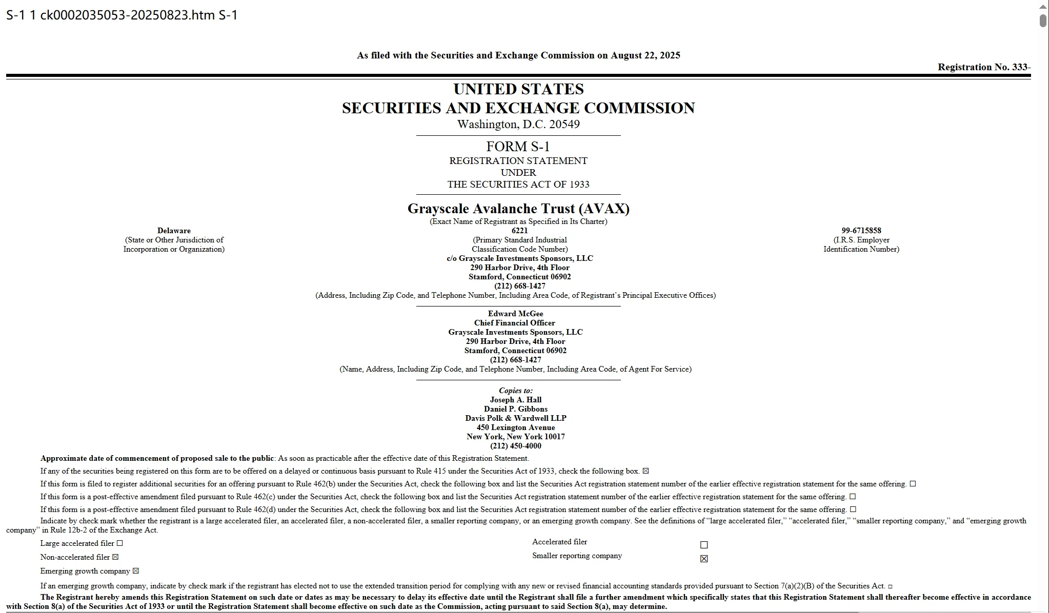 Grayscale向SEC递交Avalanche ETF注册申请