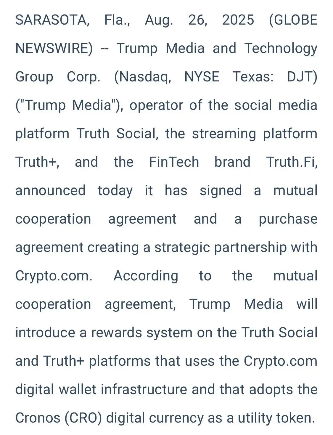 特朗普媒体平台集成Crypto.com钱包及CRO代币