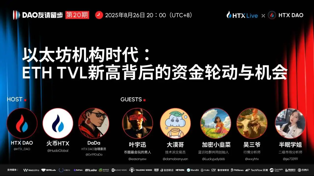 HTX DAO第20期《DAO友请留步》聚焦以太坊机构时代与ETH TVL新高探讨