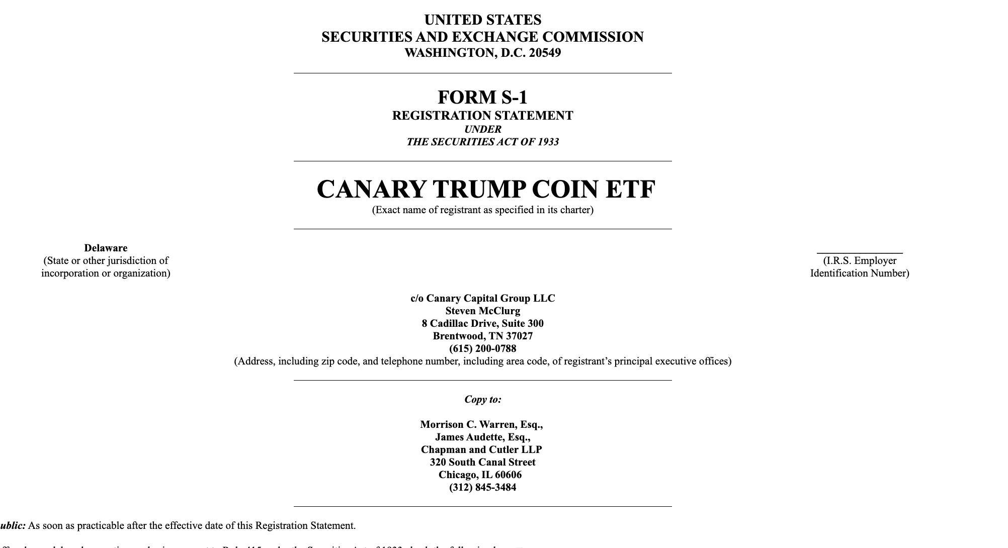 Canary Capital提交TRUMP ETF申请，计划推出特朗普主题ETF