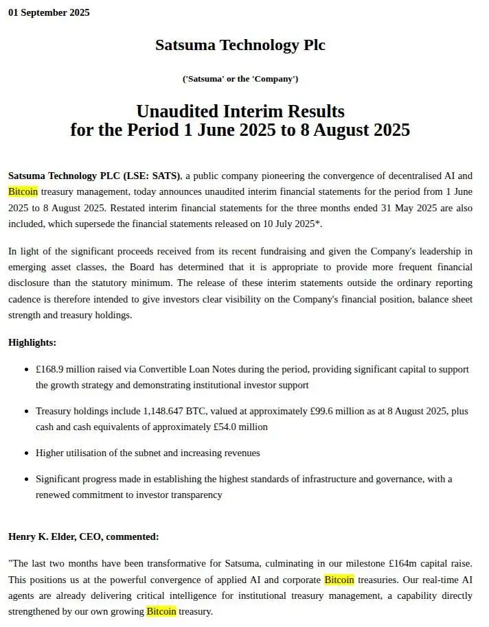 英国上市公司Satsuma Technology增持22.65枚BTC，累计持有量达1,148.65枚