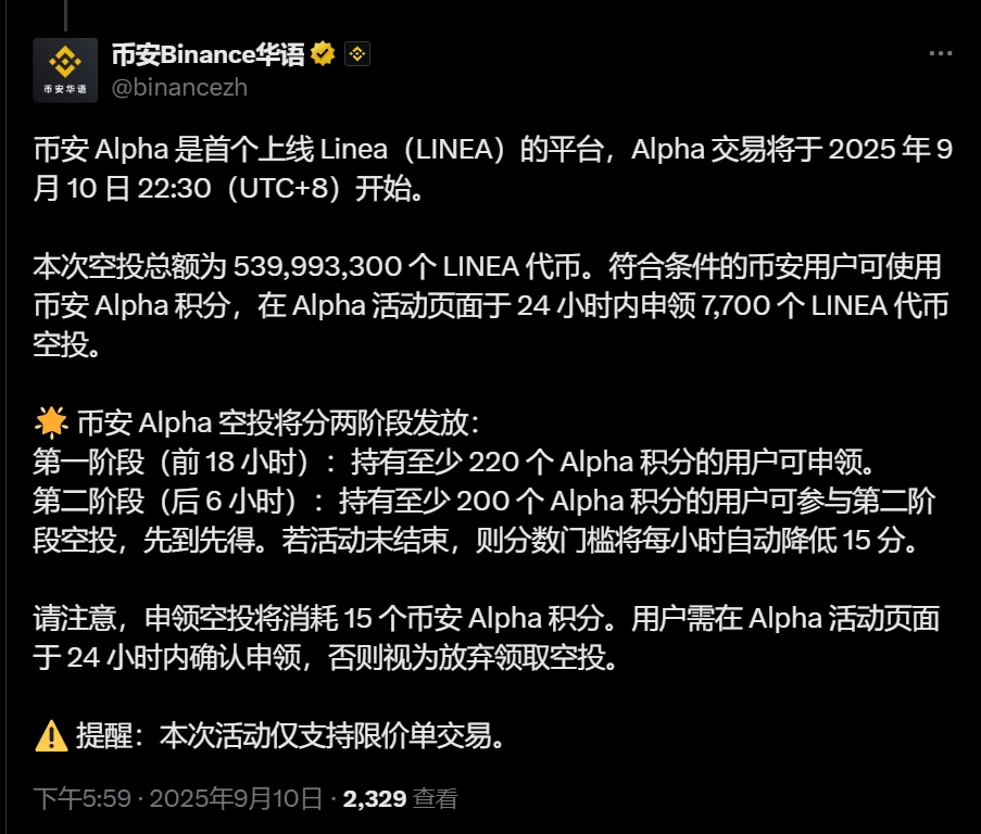 币安Alpha上线LINEA代币并启动空投活动
