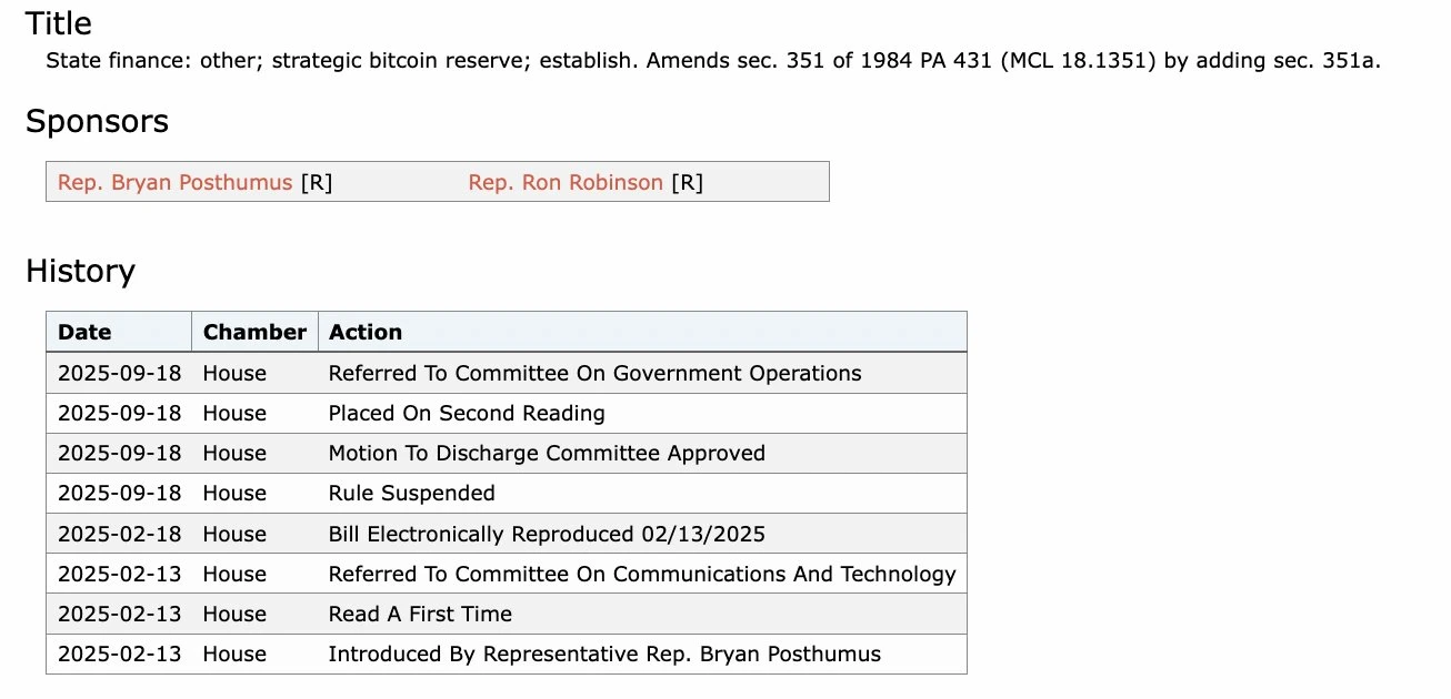 密歇根州比特币储备法案HB 4087进入众议院二读阶段 拟将10%州资金配置加密货币